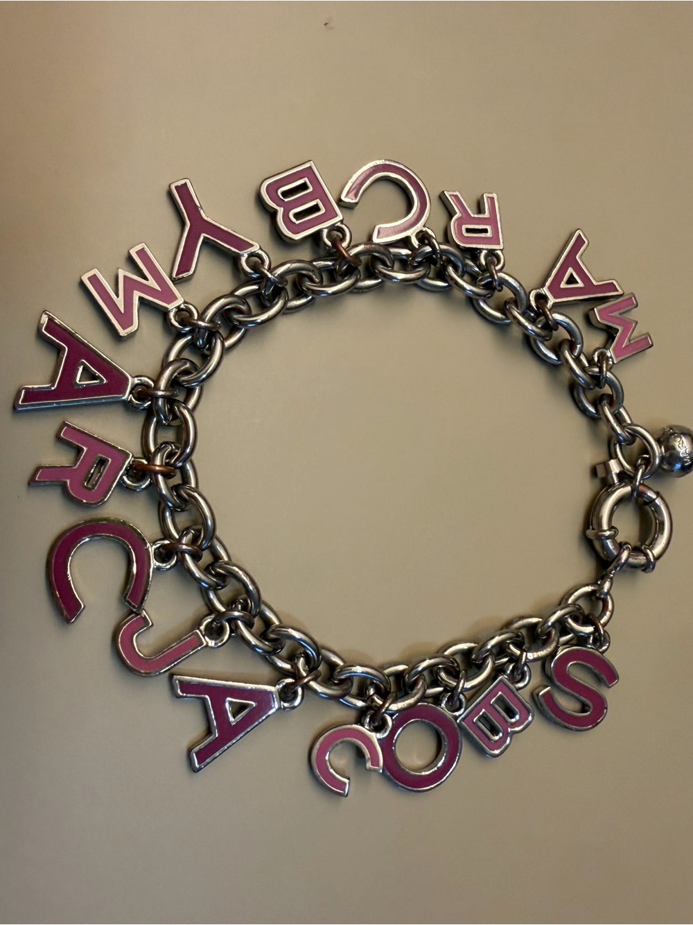 Marc By Marc Jacobs Pink Letter Charm Bracelet on Silver Chain
